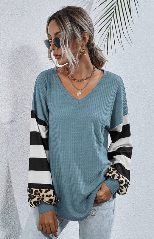 Women's Striped Stitching Long-Sleeved T-Shirt-[Adult]-[Female]-2022 Online Blue Zone Planet