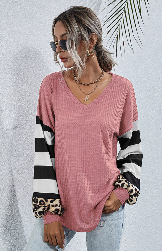 Women's Striped Stitching Long-Sleeved T-Shirt-[Adult]-[Female]-Pink-S-2022 Online Blue Zone Planet