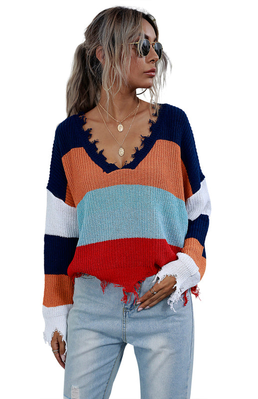 Ladies V-Neck Striped Stitching Sweater-[Adult]-[Female]-2022 Online Blue Zone Planet