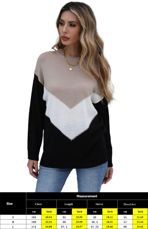 Women's Crew Neck Colorblock Pullover Sweater-[Adult]-[Female]-2022 Online Blue Zone Planet