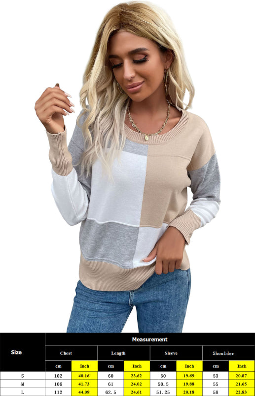 Women's Crew Neck Colorblock Pullover Sweater-[Adult]-[Female]-2022 Online Blue Zone Planet