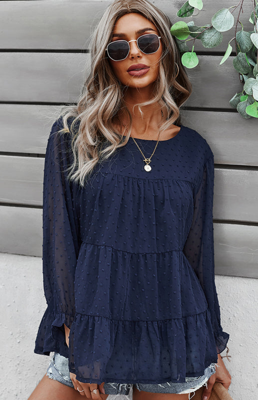 Blue Zone Planet | Ladies Round Neck Jacquard Top BLUE ZONE PLANET