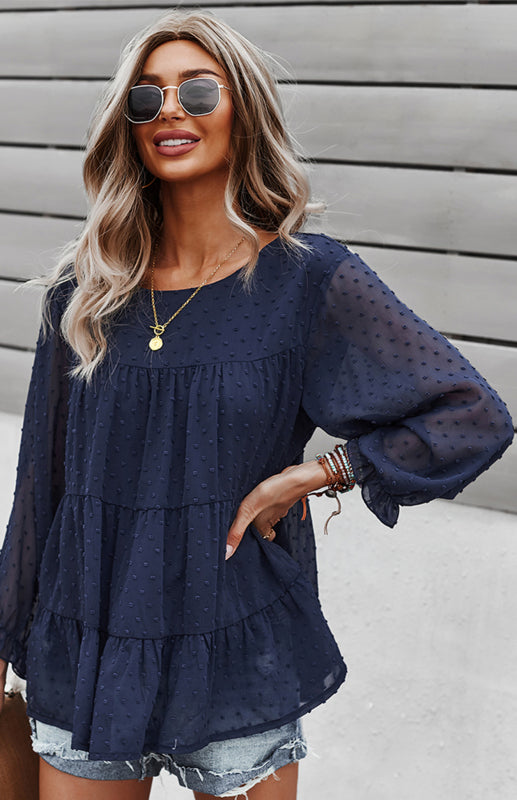 Blue Zone Planet | Ladies Round Neck Jacquard Top BLUE ZONE PLANET