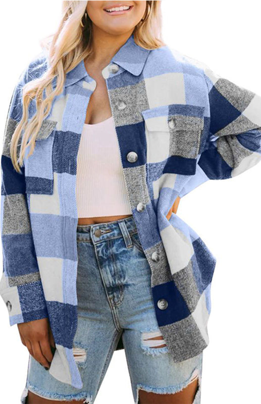 Blue Zone Planet | Plaid Shirt Single-Breasted Woolen Coat BLUE ZONE PLANET