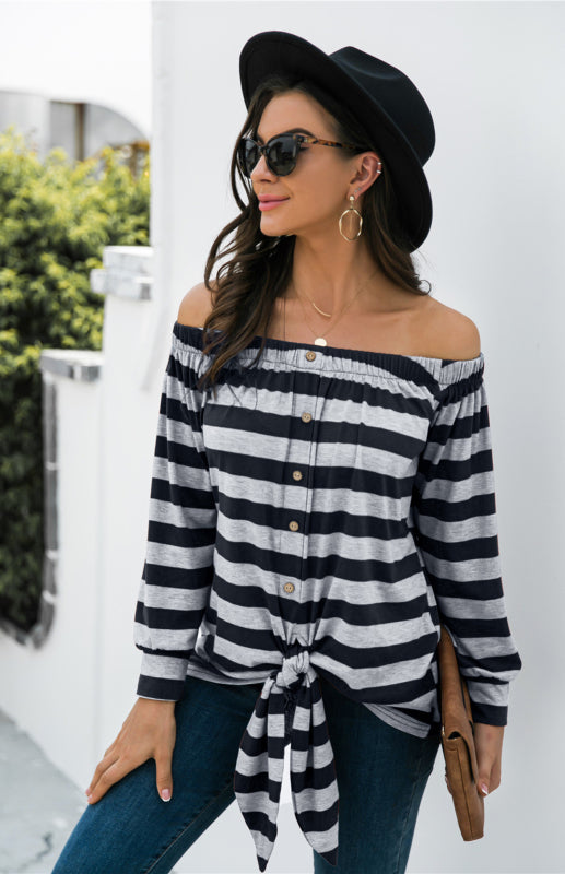 Blue Zone Planet |  Striped Blouse With One-Shoulder Button Decoration And Tie Knot BLUE ZONE PLANET