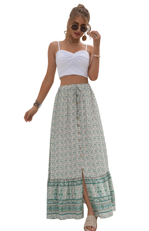 Blue Zone Planet | High-Waisted Printed Flounce Skirt-TOPS / DRESSES-[Adult]-[Female]-Pale green-S-2022 Online Blue Zone Planet