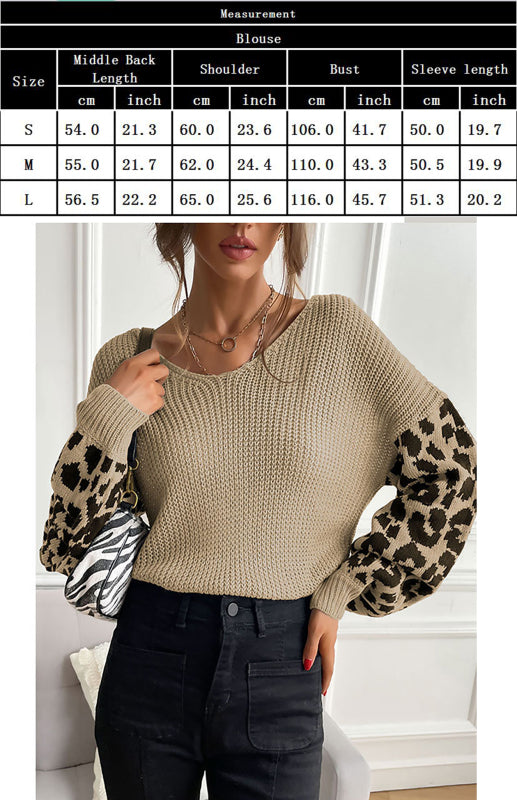 Ladies Crew Neck Leopard Print Contrasting Pullover Sweater-[Adult]-[Female]-2022 Online Blue Zone Planet