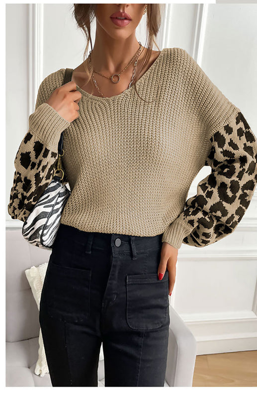 Ladies Crew Neck Leopard Print Contrasting Pullover Sweater-[Adult]-[Female]-Cracker khaki-S-2022 Online Blue Zone Planet