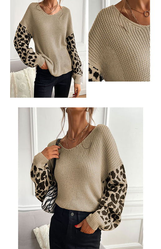 Ladies Crew Neck Leopard Print Contrasting Pullover Sweater-[Adult]-[Female]-2022 Online Blue Zone Planet