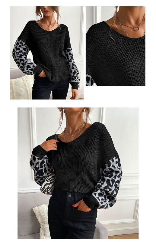 Ladies Crew Neck Leopard Print Contrasting Pullover Sweater-[Adult]-[Female]-2022 Online Blue Zone Planet