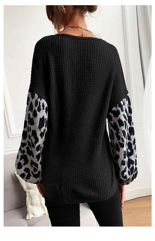 Ladies Crew Neck Leopard Print Contrasting Pullover Sweater-[Adult]-[Female]-2022 Online Blue Zone Planet