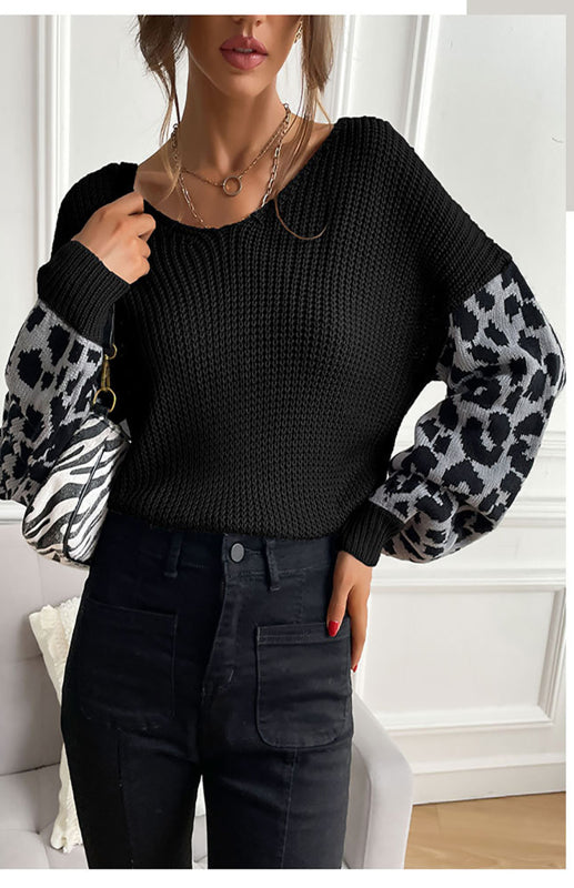 Ladies Crew Neck Leopard Print Contrasting Pullover Sweater-[Adult]-[Female]-2022 Online Blue Zone Planet