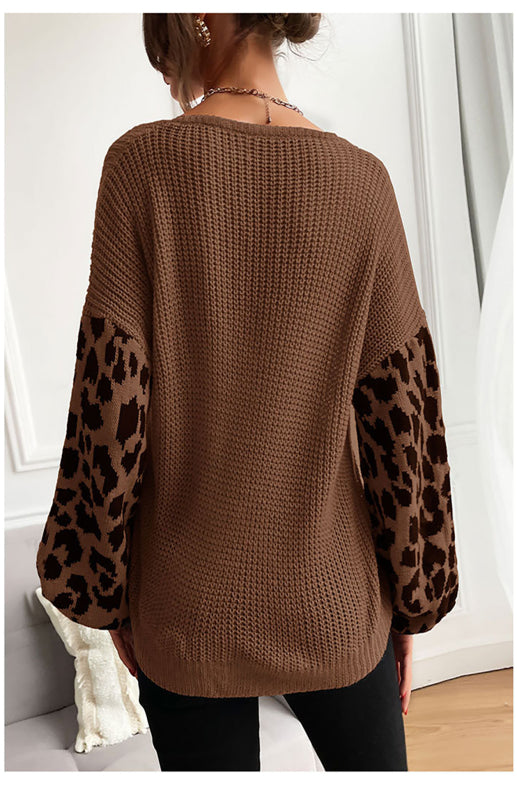 Ladies Crew Neck Leopard Print Contrasting Pullover Sweater-[Adult]-[Female]-2022 Online Blue Zone Planet