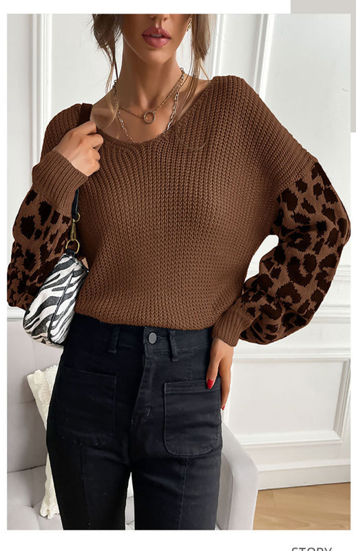 Ladies Crew Neck Leopard Print Contrasting Pullover Sweater-[Adult]-[Female]-2022 Online Blue Zone Planet