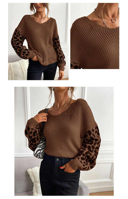 Ladies Crew Neck Leopard Print Contrasting Pullover Sweater-[Adult]-[Female]-2022 Online Blue Zone Planet