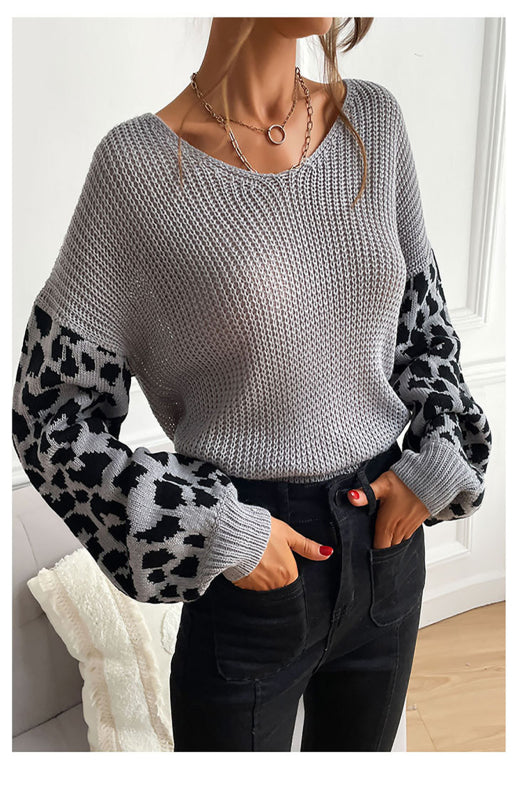 Ladies Crew Neck Leopard Print Contrasting Pullover Sweater-[Adult]-[Female]-2022 Online Blue Zone Planet