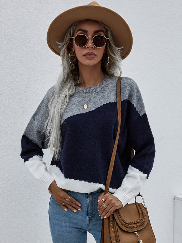 Women's Crewneck Loose Striped Sweater-[Adult]-[Female]-Grey-S-2022 Online Blue Zone Planet