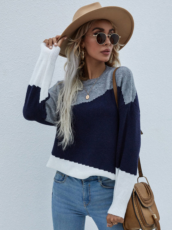Women's Crewneck Loose Striped Sweater-[Adult]-[Female]-2022 Online Blue Zone Planet