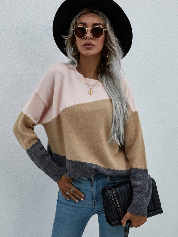 Women's Crewneck Loose Striped Sweater-[Adult]-[Female]-2022 Online Blue Zone Planet