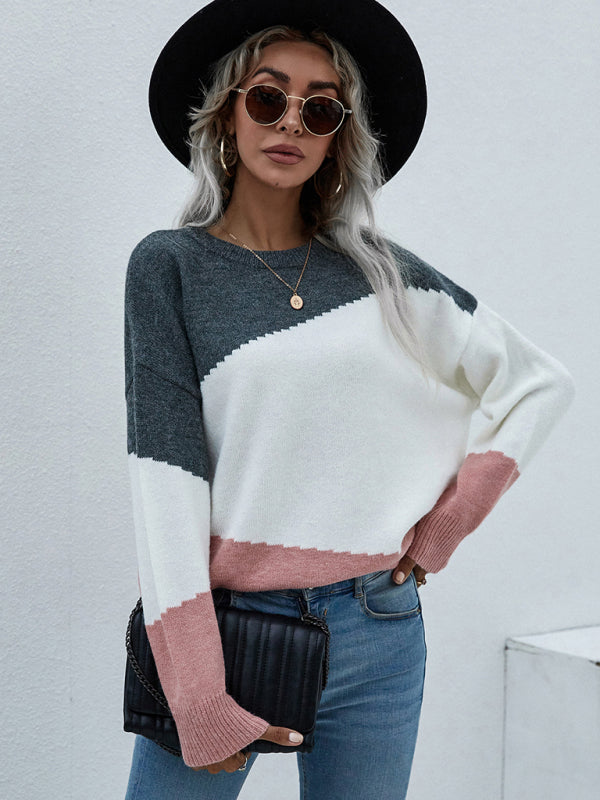 Women's Crewneck Loose Striped Sweater-[Adult]-[Female]-2022 Online Blue Zone Planet