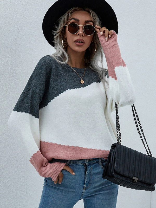 Women's Crewneck Loose Striped Sweater-[Adult]-[Female]-2022 Online Blue Zone Planet
