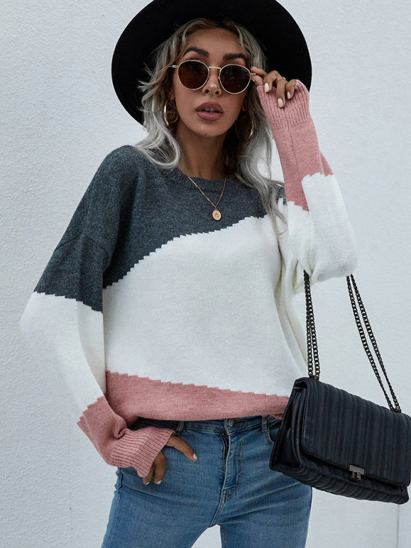 Women's Crewneck Loose Striped Sweater-[Adult]-[Female]-Neutral grey-S-2022 Online Blue Zone Planet