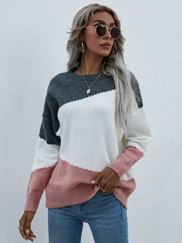 Women's Crewneck Loose Striped Sweater-[Adult]-[Female]-2022 Online Blue Zone Planet