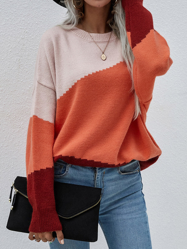 Women's Crewneck Loose Striped Sweater-[Adult]-[Female]-2022 Online Blue Zone Planet