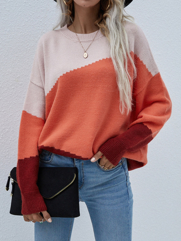 Women's Crewneck Loose Striped Sweater-[Adult]-[Female]-2022 Online Blue Zone Planet
