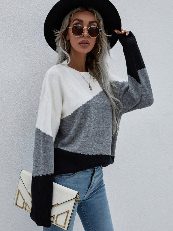 Women's Crewneck Loose Striped Sweater-[Adult]-[Female]-2022 Online Blue Zone Planet