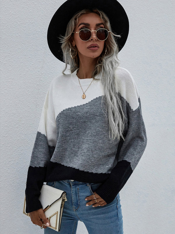Women's Crewneck Loose Striped Sweater-[Adult]-[Female]-Raw white off white-S-2022 Online Blue Zone Planet