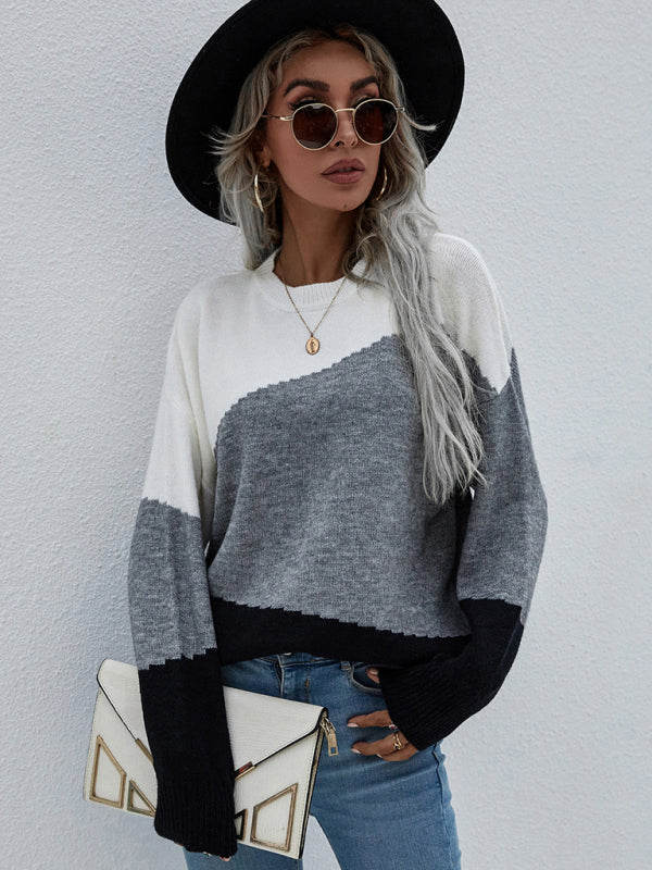 Women's Crewneck Loose Striped Sweater-[Adult]-[Female]-2022 Online Blue Zone Planet