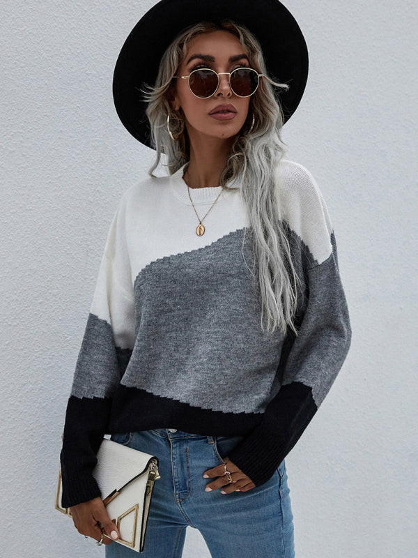 Women's Crewneck Loose Striped Sweater-[Adult]-[Female]-2022 Online Blue Zone Planet