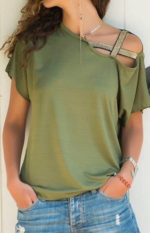 Oblique Shoulder Crossed Irregular Short Sleeve T-Shirt-TOPS / DRESSES-[Adult]-[Female]-Green-S-2022 Online Blue Zone Planet