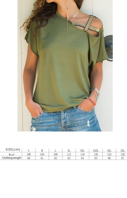 Oblique Shoulder Crossed Irregular Short Sleeve T-Shirt-TOPS / DRESSES-[Adult]-[Female]-2022 Online Blue Zone Planet