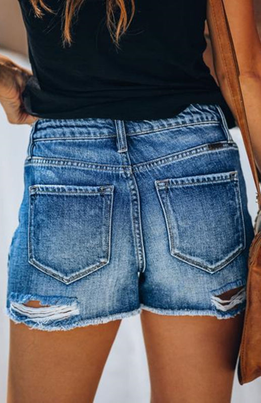 Women's Casual Washed And Torn Denim Shorts-[Adult]-[Female]-2022 Online Blue Zone Planet