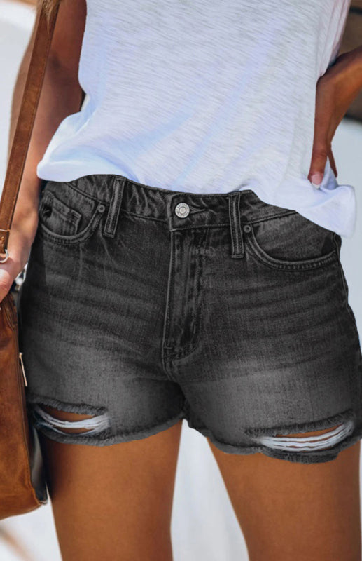 Women's Casual Washed And Torn Denim Shorts-[Adult]-[Female]-2022 Online Blue Zone Planet