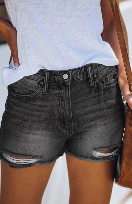 Women's Casual Washed And Torn Denim Shorts-[Adult]-[Female]-2022 Online Blue Zone Planet