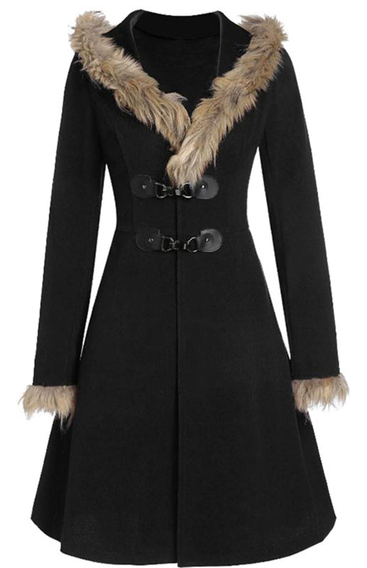 Solid-Colored Fur, Long-Sleeved Alloy Buckles, Duffel Coat-[Adult]-[Female]-Black-S-2022 Online Blue Zone Planet