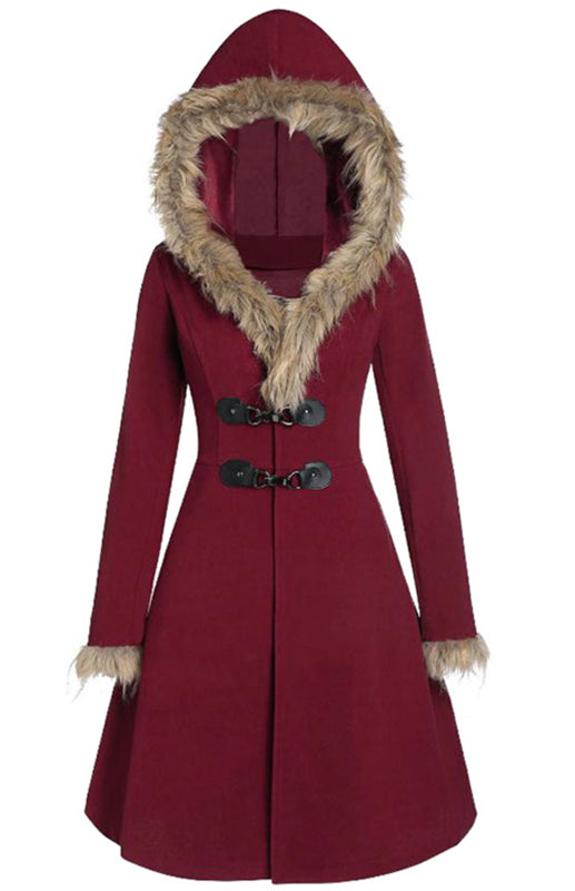 Solid-Colored Fur, Long-Sleeved Alloy Buckles, Duffel Coat-[Adult]-[Female]-Wine Red-S-2022 Online Blue Zone Planet