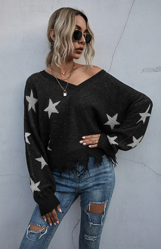 Women's Star Pattern V-Neck Fringe Women's Knit Sweater-[Adult]-[Female]-Black-S-2022 Online Blue Zone Planet