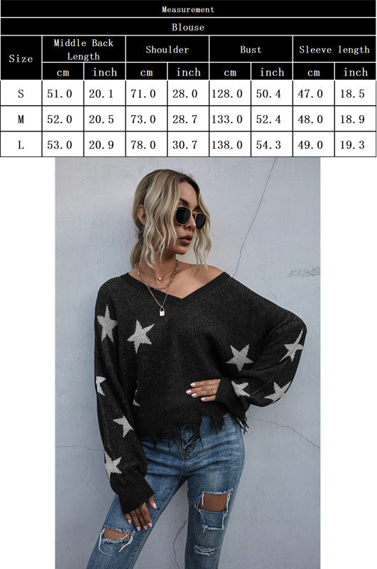 Women's Star Pattern V-Neck Fringe Women's Knit Sweater-[Adult]-[Female]-2022 Online Blue Zone Planet