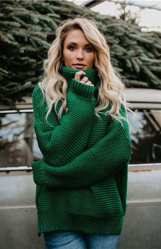 Blue Zone Planet | Knit Sweater Woman With Thick Thread, Long Sleeves And High Neck Pullover-TOPS / DRESSES-[Adult]-[Female]-Green-S-2022 Online Blue Zone Planet