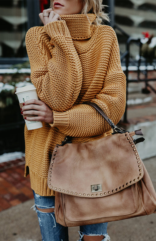 Blue Zone Planet | Knit Sweater Woman With Thick Thread, Long Sleeves And High Neck Pullover-TOPS / DRESSES-[Adult]-[Female]-Yellow-S-2022 Online Blue Zone Planet