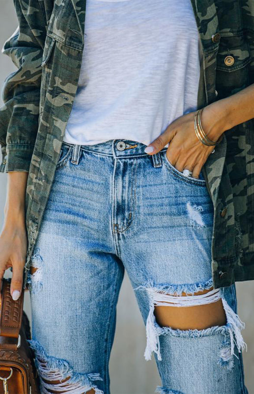Ariadne's Mid-Waist Straight Pocket Ripped Jeans kakaclo