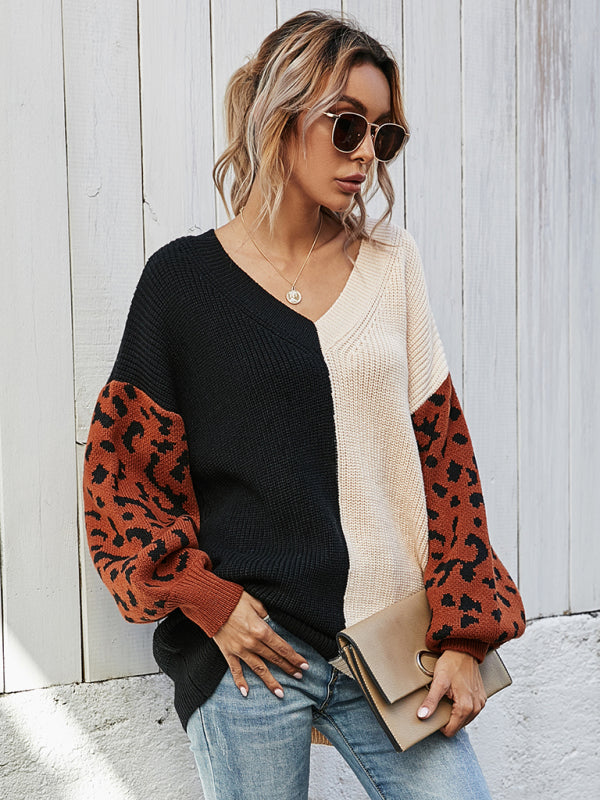 Women'S Loose V-Neck Stitched Leopard Pullover Sweater-[Adult]-[Female]-Cracker khaki-S-2022 Online Blue Zone Planet