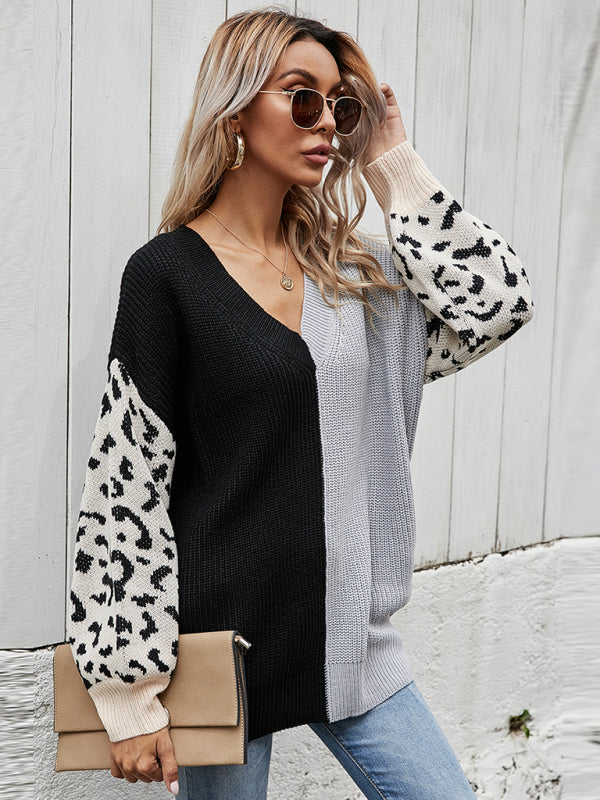 Women'S Loose V-Neck Stitched Leopard Pullover Sweater-[Adult]-[Female]-2022 Online Blue Zone Planet