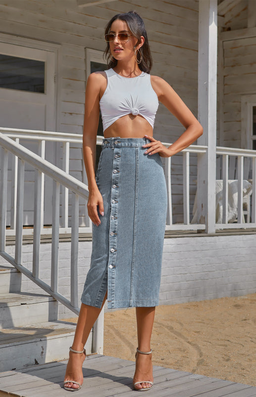 Blue Zone Planet |  Irregular Split Denim High Waist Skirt BLUE ZONE PLANET