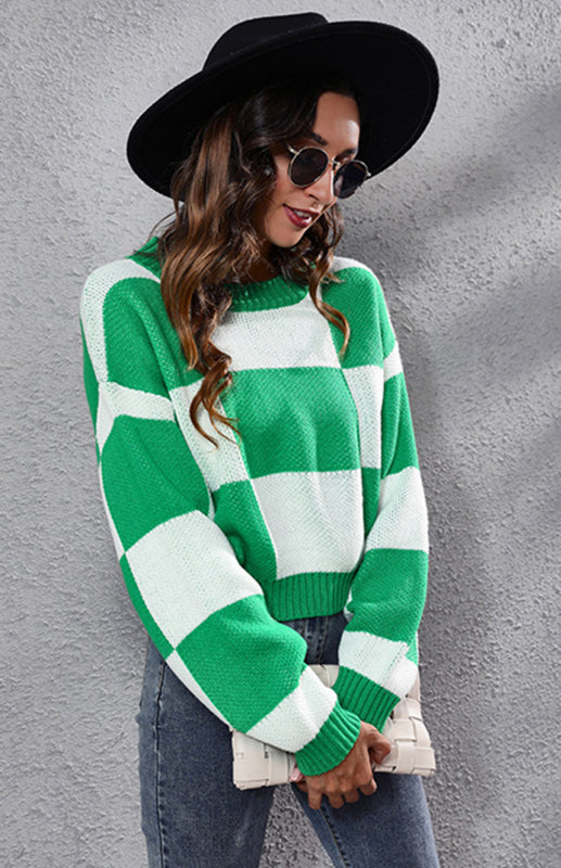 Checkerboard Long Sleeve Short Loose Knit Sweater-[Adult]-[Female]-Green-S-2022 Online Blue Zone Planet