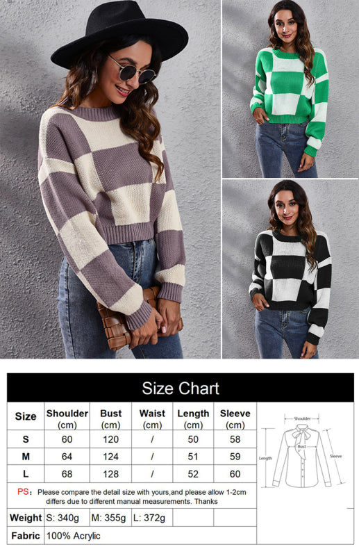 Checkerboard Long Sleeve Short Loose Knit Sweater-[Adult]-[Female]-2022 Online Blue Zone Planet